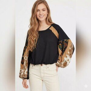 Free People Mixed Media Waffle Knit Top Boho Floral Paisley Balloon Sleeve Black